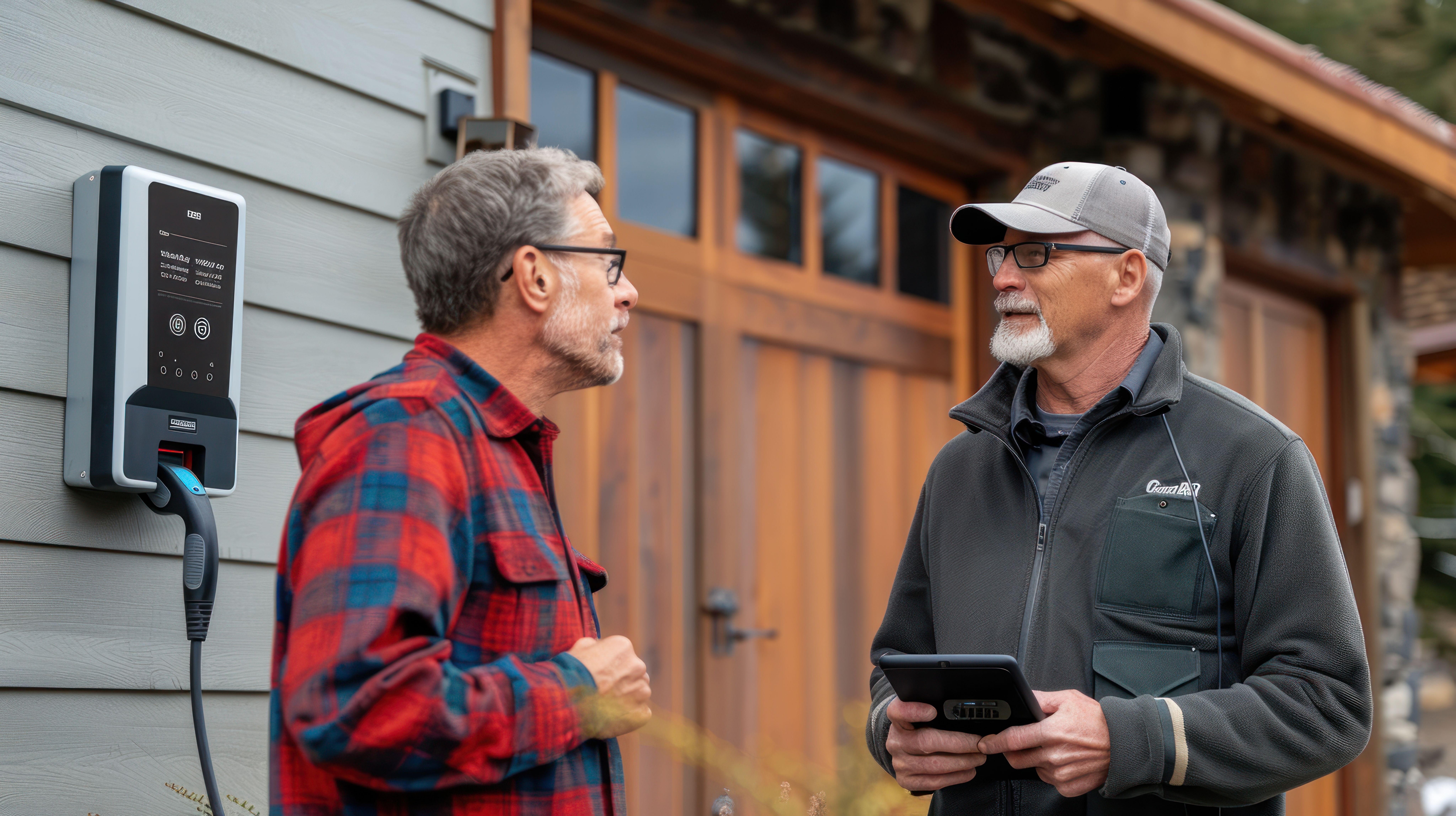 Homeowner and electrician discussing EV charger install